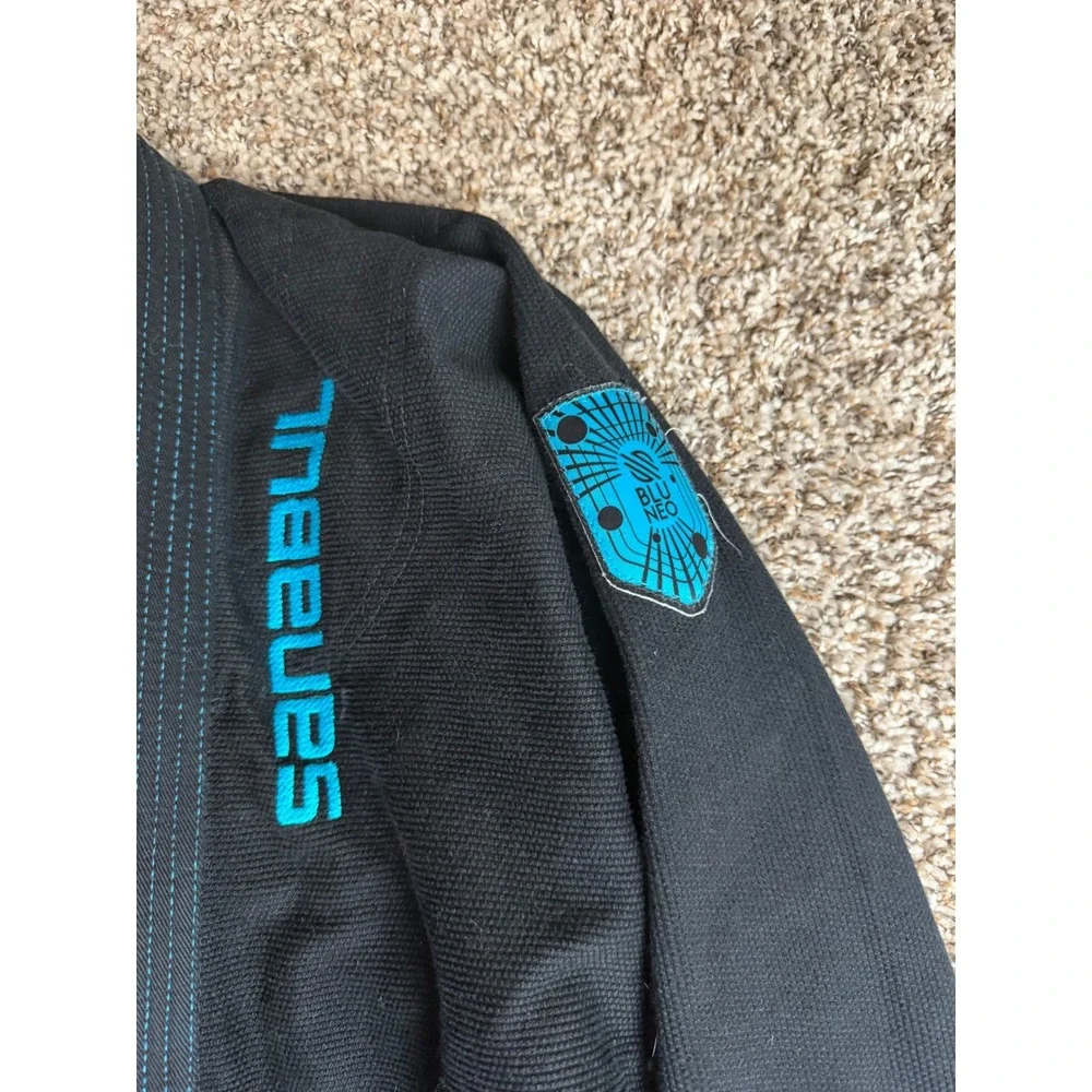 Sanabul Blu Neo Kids BJJ Gi Kimono Top Black Turquoise Blue Size K4
